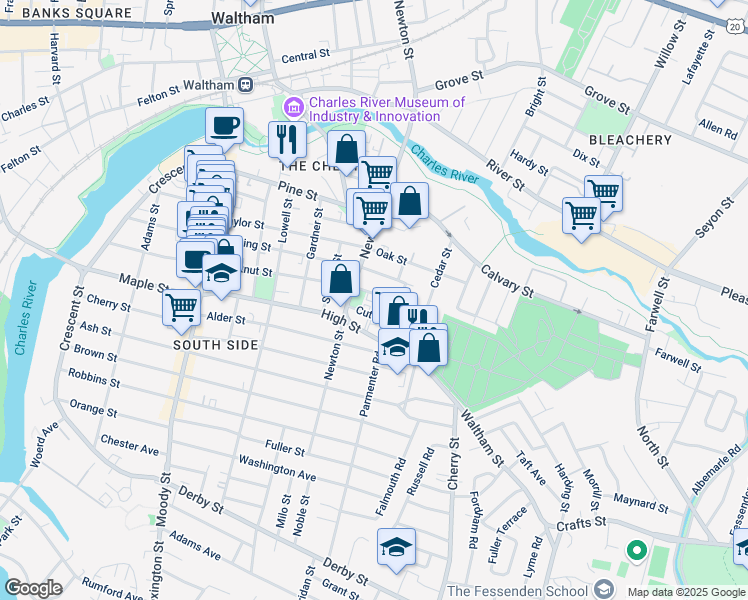 map of restaurants, bars, coffee shops, grocery stores, and more near 15 Clinton Street in Waltham