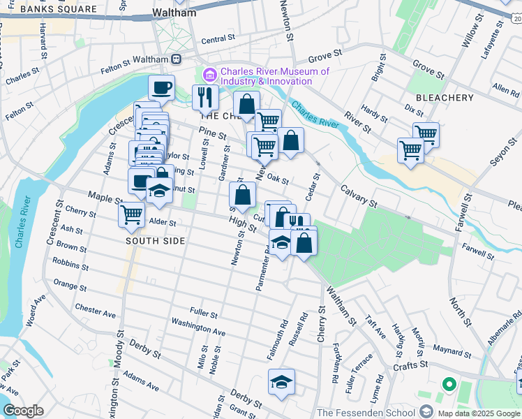 map of restaurants, bars, coffee shops, grocery stores, and more near 15 Clinton Street in Waltham