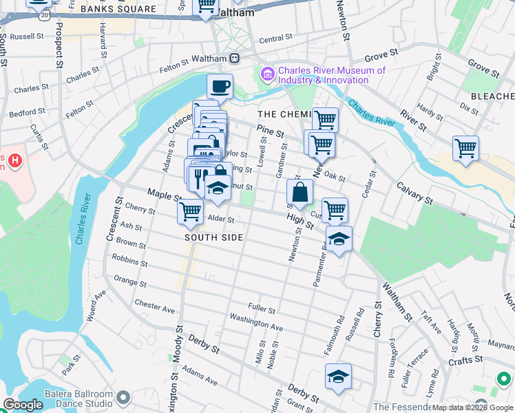 map of restaurants, bars, coffee shops, grocery stores, and more near 80 High Street in Waltham
