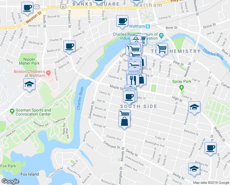 map of restaurants, bars, coffee shops, grocery stores, and more near 62 1/2 Cherry Street in Waltham