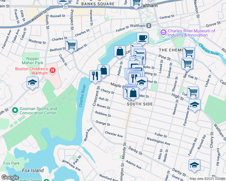map of restaurants, bars, coffee shops, grocery stores, and more near 107 Adams Street in Waltham