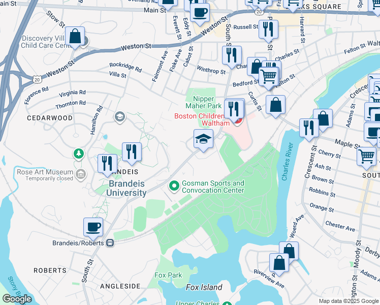 map of restaurants, bars, coffee shops, grocery stores, and more near 269 South Street in Waltham