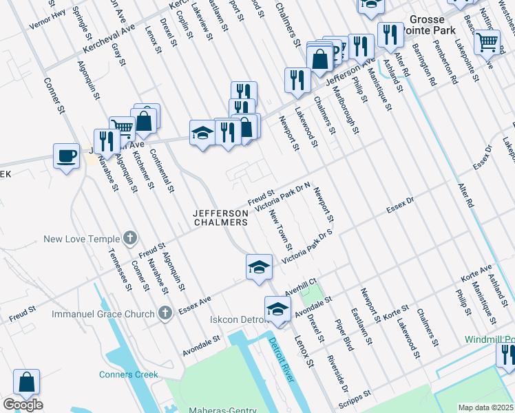 map of restaurants, bars, coffee shops, grocery stores, and more near 13121 Victoria Park Drive North in Detroit
