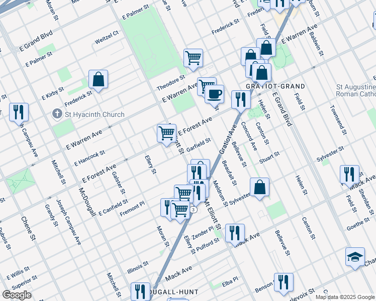 map of restaurants, bars, coffee shops, grocery stores, and more near 6324 Garfield Street in Detroit