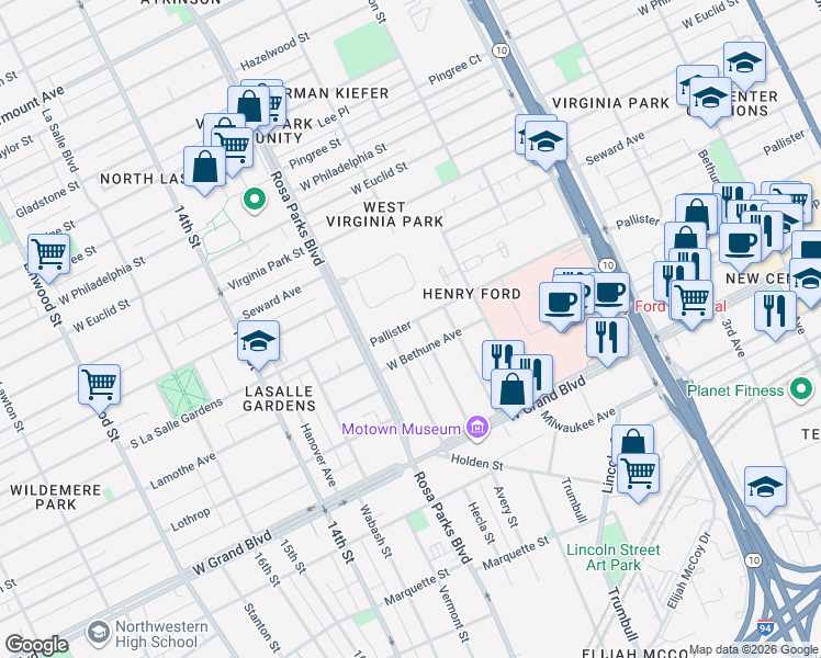map of restaurants, bars, coffee shops, grocery stores, and more near 1707 Pallister in Detroit