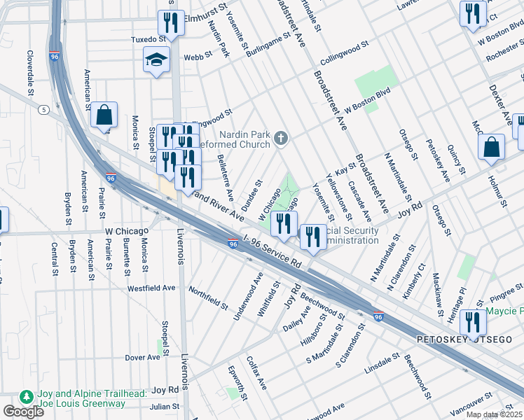 map of restaurants, bars, coffee shops, grocery stores, and more near 5260 West Chicago in Detroit
