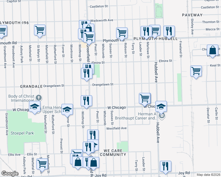 map of restaurants, bars, coffee shops, grocery stores, and more near 9643 Sussex Street in Detroit