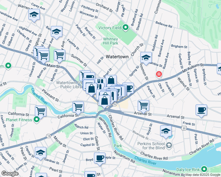 map of restaurants, bars, coffee shops, grocery stores, and more near 48 Summer Street in Watertown