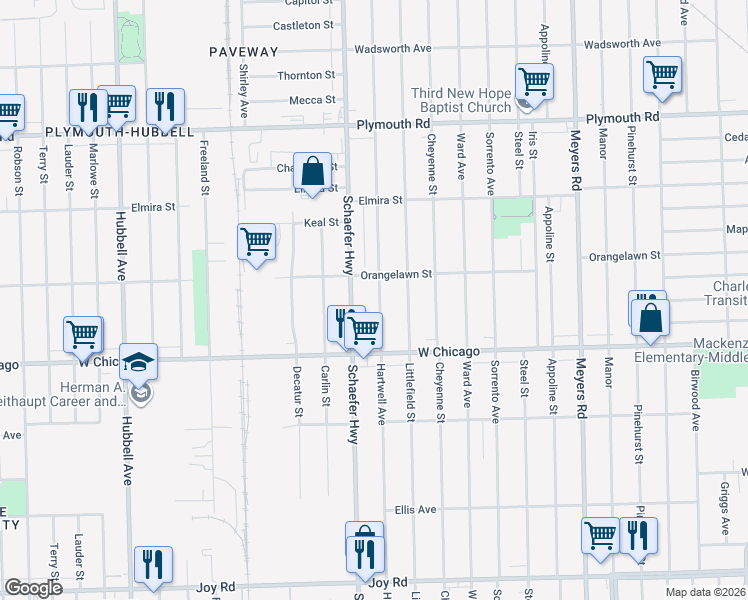 map of restaurants, bars, coffee shops, grocery stores, and more near 9613 Hartwell Avenue in Detroit