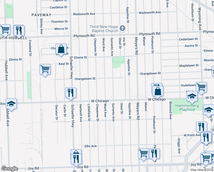 map of restaurants, bars, coffee shops, grocery stores, and more near 9606 Ward Avenue in Detroit