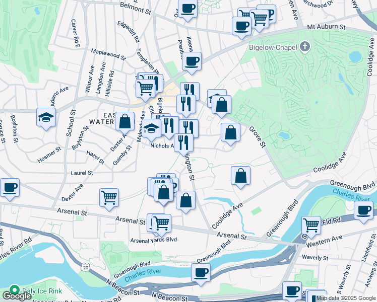 map of restaurants, bars, coffee shops, grocery stores, and more near 155 Arlington Street in Watertown