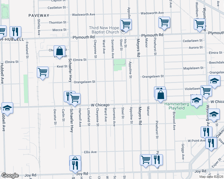 map of restaurants, bars, coffee shops, grocery stores, and more near 9607 Sorrento Avenue in Detroit