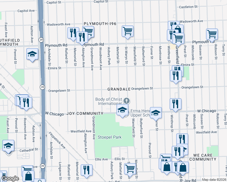 map of restaurants, bars, coffee shops, grocery stores, and more near 9660 Asbury Park in Detroit
