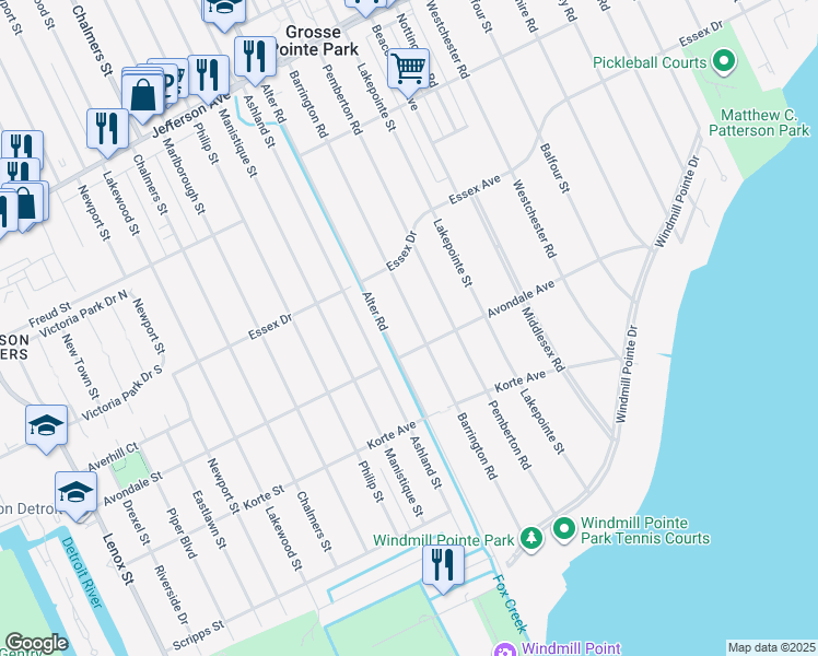 map of restaurants, bars, coffee shops, grocery stores, and more near 723 Barrington Road in Grosse Pointe Park