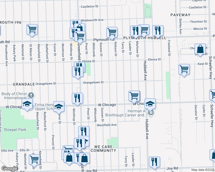 map of restaurants, bars, coffee shops, grocery stores, and more near 9643 Coyle Street in Detroit
