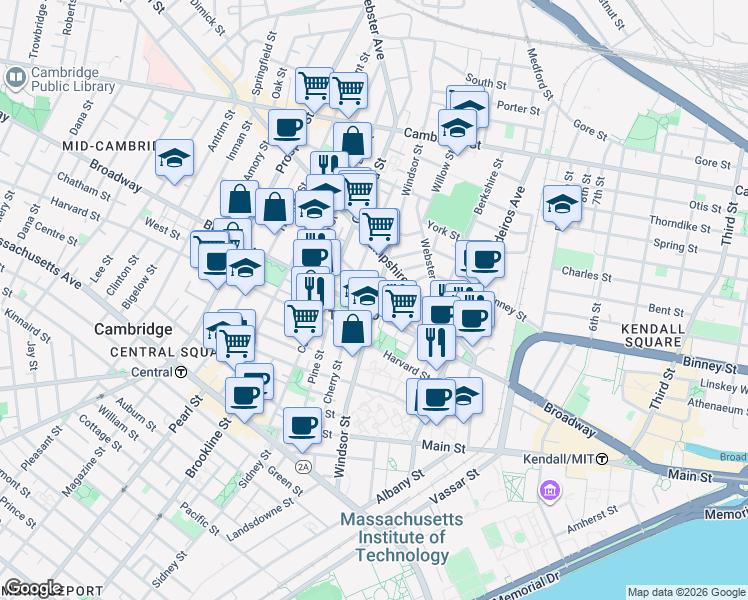 map of restaurants, bars, coffee shops, grocery stores, and more near 253 Windsor Street in Cambridge