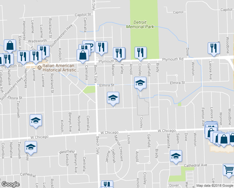 map of restaurants, bars, coffee shops, grocery stores, and more near 9998 Marion in Redford Charter Township