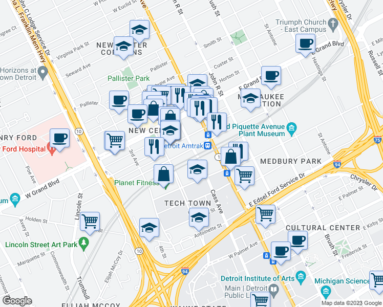 map of restaurants, bars, coffee shops, grocery stores, and more near 401 West Baltimore Street in Detroit