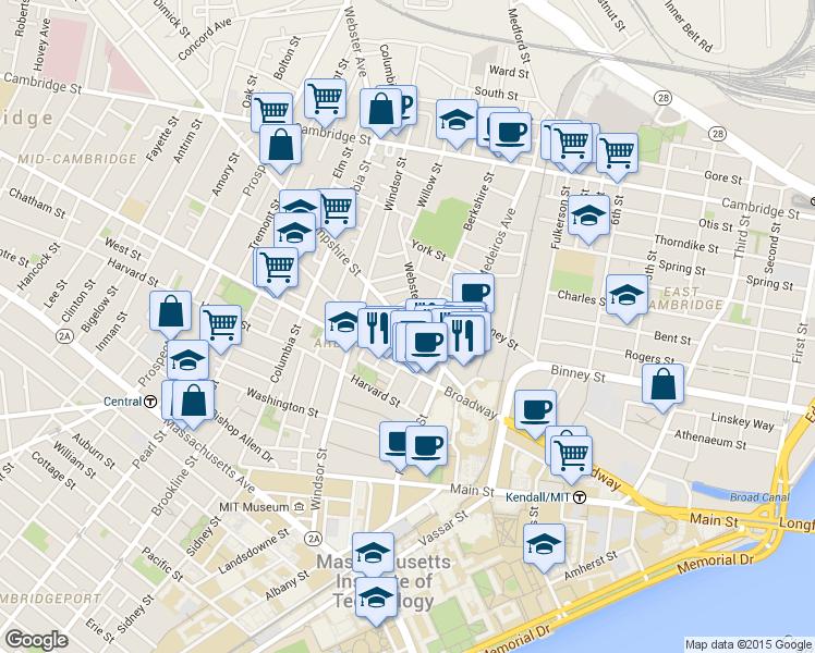 map of restaurants, bars, coffee shops, grocery stores, and more near 201 Clark Street in Cambridge