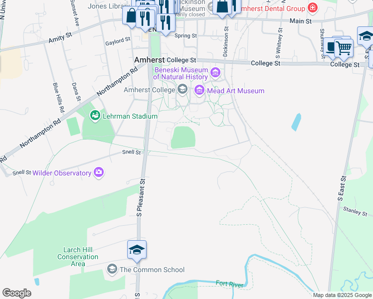 map of restaurants, bars, coffee shops, grocery stores, and more near South Amherst College Drive in Amherst