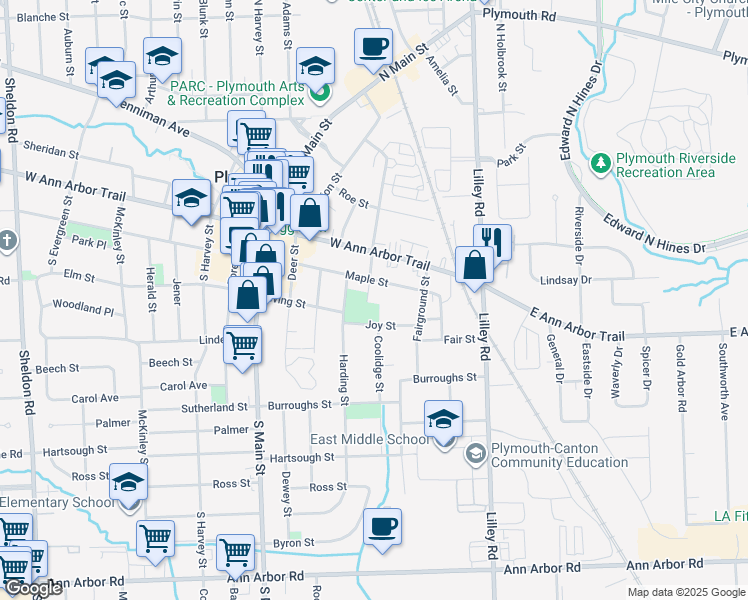 map of restaurants, bars, coffee shops, grocery stores, and more near 585 Hamilton Street in Plymouth