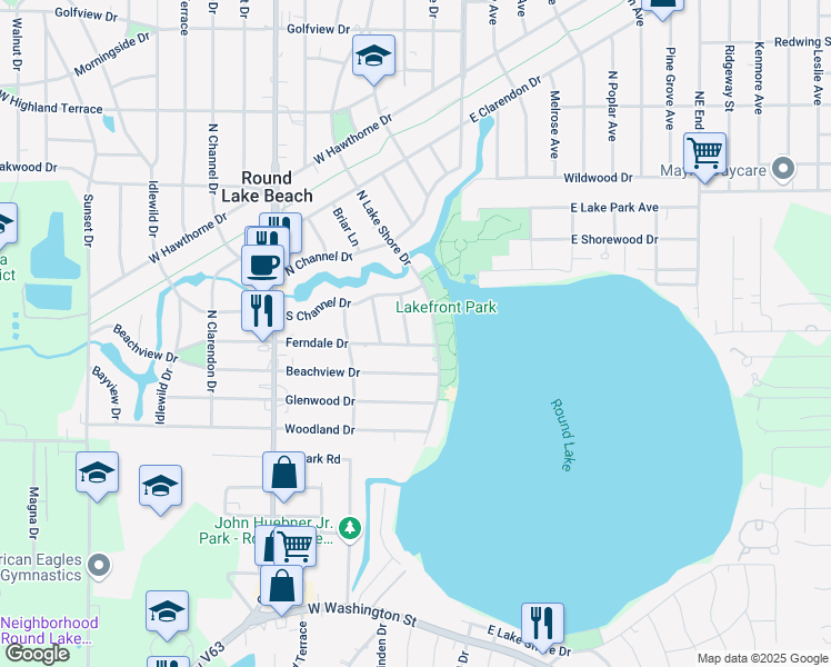 map of restaurants, bars, coffee shops, grocery stores, and more near 1025 North Shoreland Court in Round Lake Beach