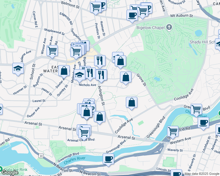 map of restaurants, bars, coffee shops, grocery stores, and more near 29 Coolidge Hill Road in Watertown