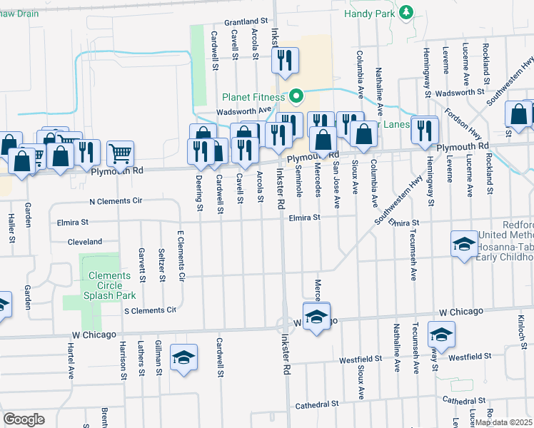 map of restaurants, bars, coffee shops, grocery stores, and more near 11304 Arcola Street in Livonia