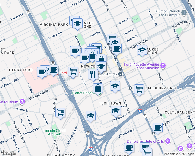 map of restaurants, bars, coffee shops, grocery stores, and more near 6431 2nd Avenue in Detroit