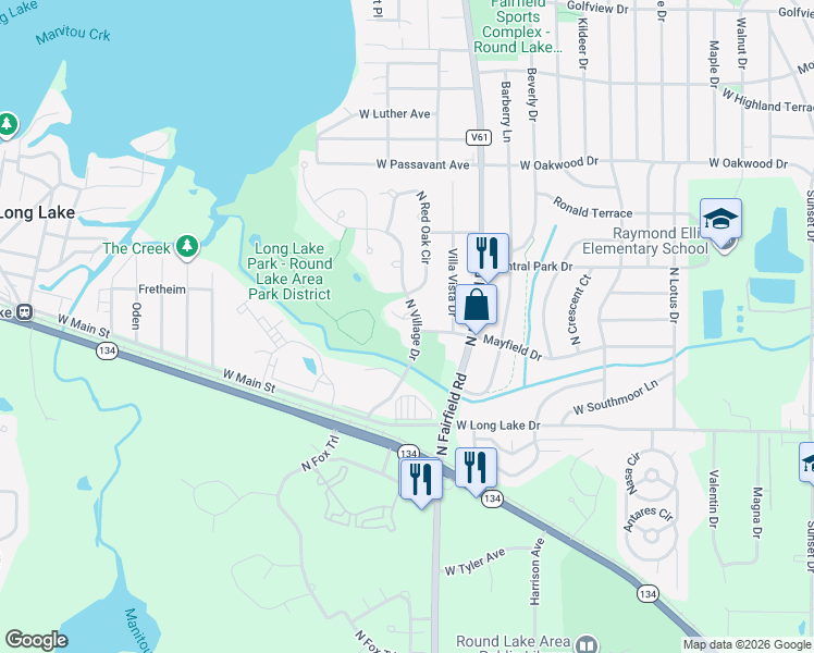 map of restaurants, bars, coffee shops, grocery stores, and more near 1053 North Village Drive in Round Lake Beach