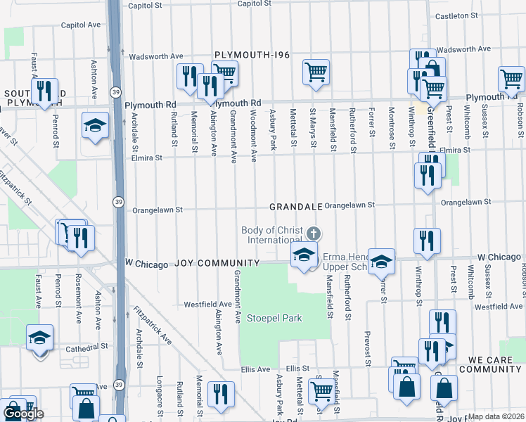 map of restaurants, bars, coffee shops, grocery stores, and more near 9660 Woodmont Avenue in Detroit