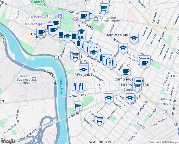 map of restaurants, bars, coffee shops, grocery stores, and more near 98 Kinnaird Street in Cambridge