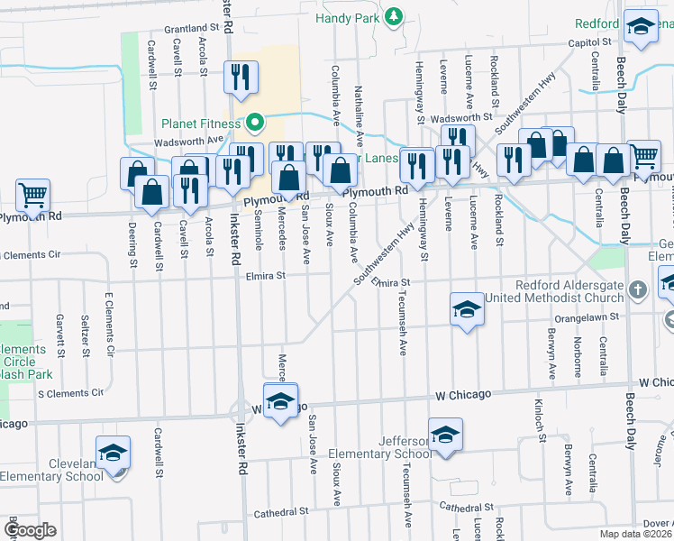 map of restaurants, bars, coffee shops, grocery stores, and more near 10076 Sioux Avenue in Redford Charter Township