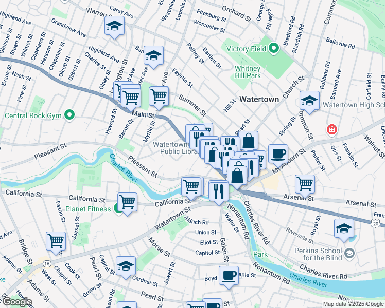 map of restaurants, bars, coffee shops, grocery stores, and more near 164 U.S. 20 in Watertown