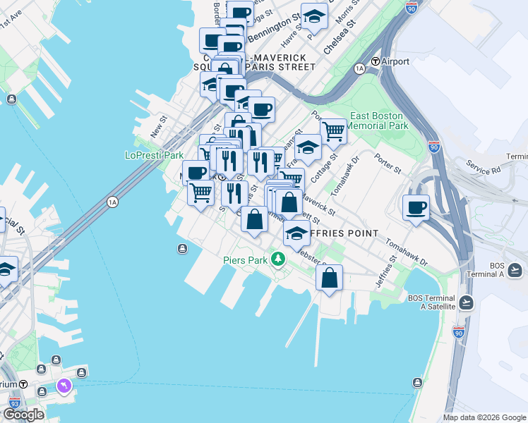 map of restaurants, bars, coffee shops, grocery stores, and more near 16 Cottage Street in Boston