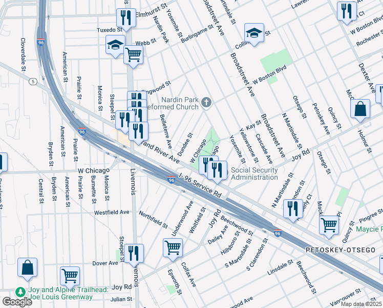 map of restaurants, bars, coffee shops, grocery stores, and more near 5260 West Chicago in Detroit