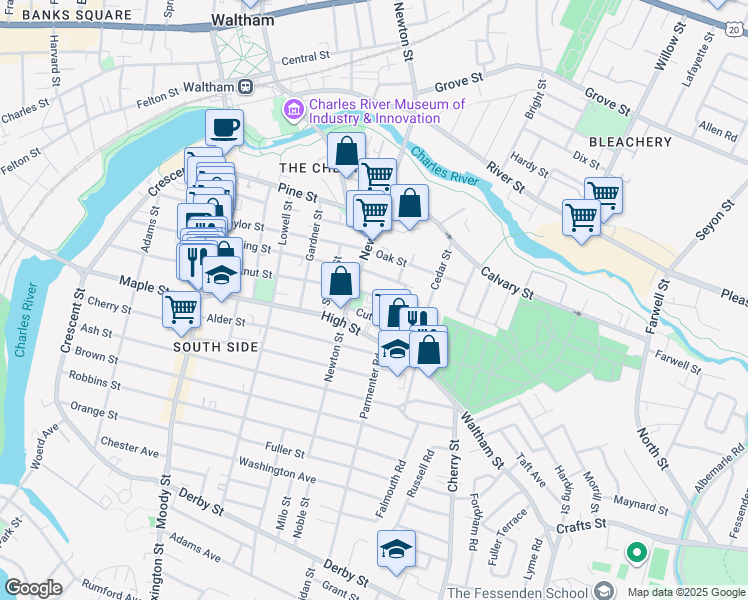 map of restaurants, bars, coffee shops, grocery stores, and more near 15 Clinton Street in Waltham