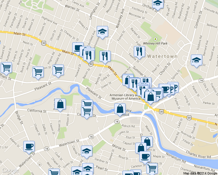 map of restaurants, bars, coffee shops, grocery stores, and more near 11 Chestnut Street in Watertown