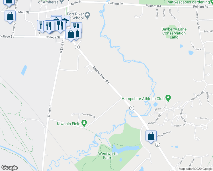 map of restaurants, bars, coffee shops, grocery stores, and more near 199 Belchertown Road in Amherst