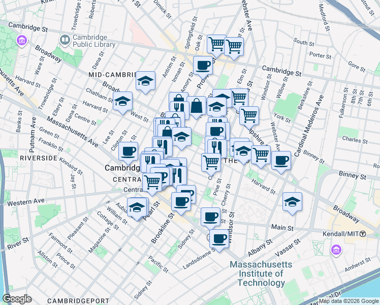 map of restaurants, bars, coffee shops, grocery stores, and more near 135 Norfolk Street in Cambridge