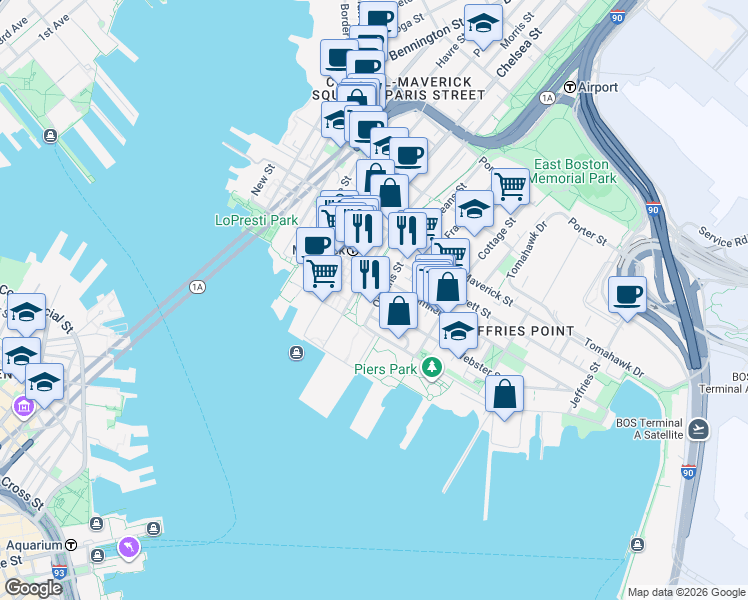 map of restaurants, bars, coffee shops, grocery stores, and more near 30 Orleans Street in Boston