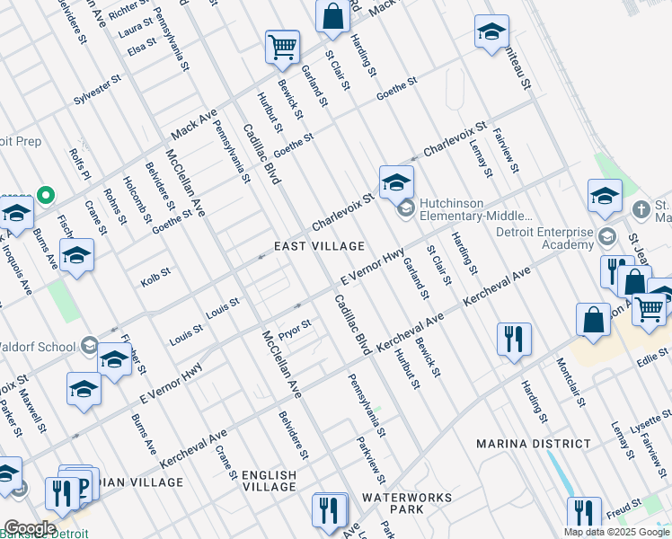 map of restaurants, bars, coffee shops, grocery stores, and more near 2532 Cadillac Boulevard in Detroit