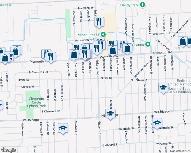 map of restaurants, bars, coffee shops, grocery stores, and more near 11304 Arcola Street in Livonia