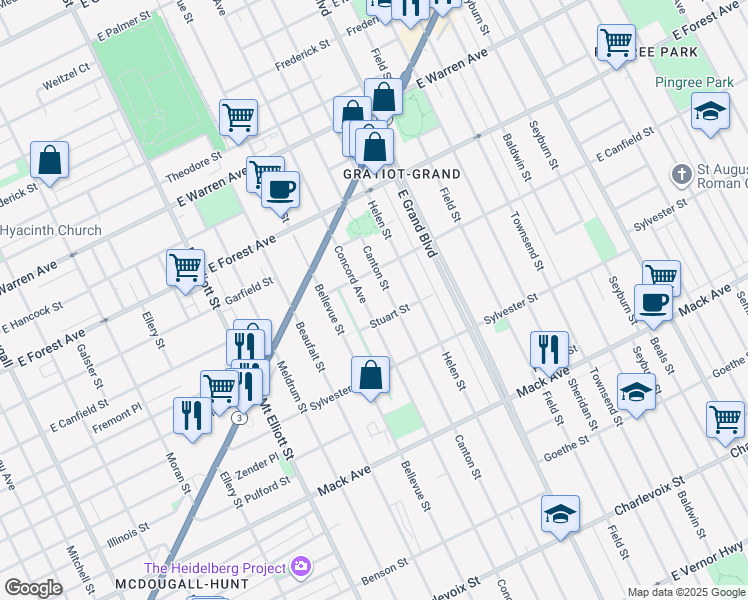 map of restaurants, bars, coffee shops, grocery stores, and more near 4144 Concord Avenue in Detroit
