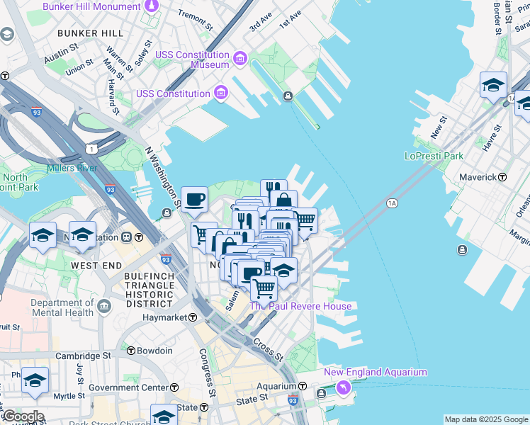map of restaurants, bars, coffee shops, grocery stores, and more near 24 Henchman Street in Boston
