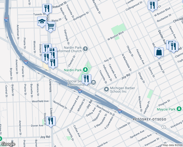map of restaurants, bars, coffee shops, grocery stores, and more near 5151 West Chicago in Detroit