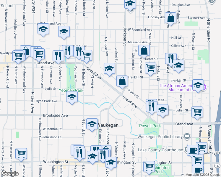 map of restaurants, bars, coffee shops, grocery stores, and more near 1005 Grand Avenue in Waukegan