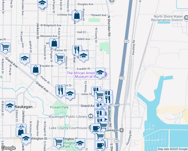 map of restaurants, bars, coffee shops, grocery stores, and more near 512 North County Street in Waukegan