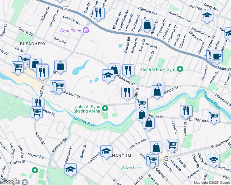 map of restaurants, bars, coffee shops, grocery stores, and more near 44 Green River Way in Watertown