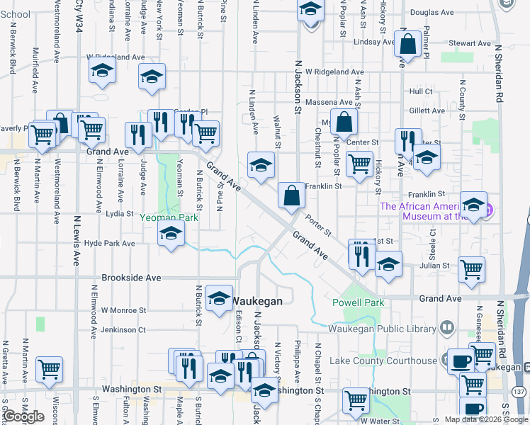 map of restaurants, bars, coffee shops, grocery stores, and more near 1005 Grand Avenue in Waukegan